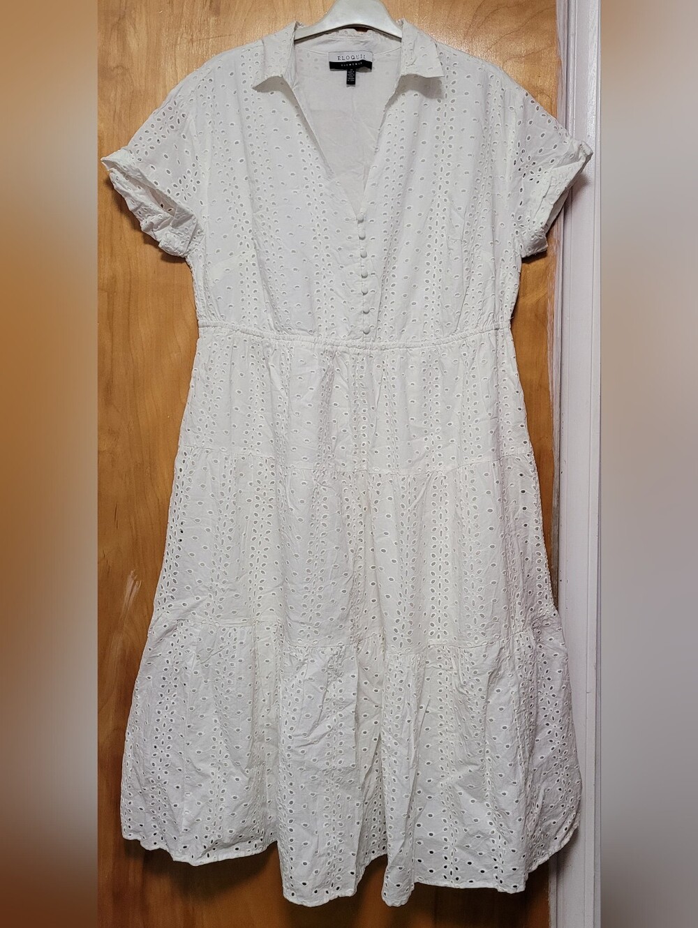 Eloquii White Eyelet Button-Front Midi Dress with Collared V-Neck Size 18